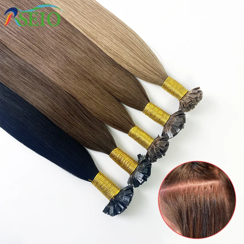 RSEIO Straight Flat Tip Hair Extensions Natural Real Human Hair Fusion Hair Extensions  Brown Blonde Color 16-24inch 1g/Strand