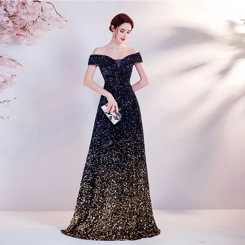 

One Shoulder Evening Gown New Gradient Black Annual Party Stage Performance Host Walking Fish Tail Dress for Women 2025