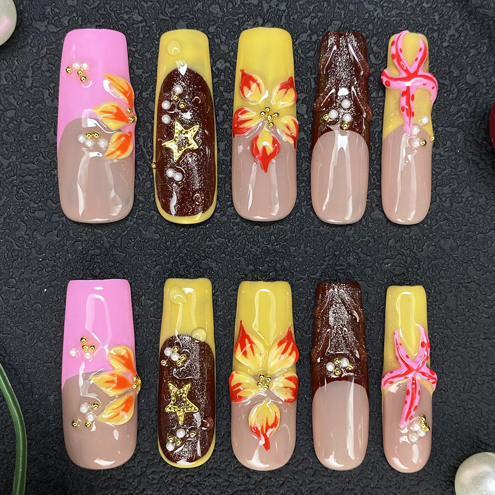 

Luxury Salon Quality Thick Acrylic Handmade Press on Nails Gorgeous Coffin UV Carved Glossy Artificial Fingernail Elegant Design