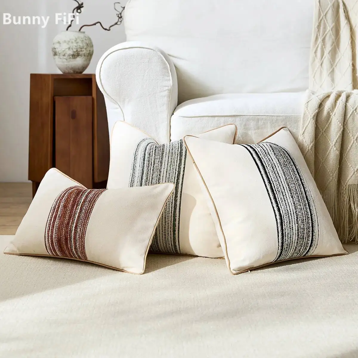 Gestreifte Leinen-Textur Kissenbezüge Boho Dekorative Kissenhüllen für Sofa Bett Landhaus Modernes Wohnzimmer Heim-Dekor