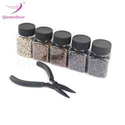 GlamorDove 1000Pcs Silicone Microlinks 4mm Beads With 3 Holes Pliers Hair Extensions Tool for I Tip Hair Weft Extension