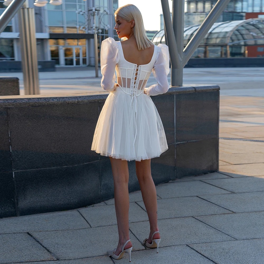 여성을위한 맞춤형 간단한 웨딩 드레스 스퀘어 넥 긴 소매 a 라인 신부 가운 레이스 업 백 미니 베스 티도스 드 노비아