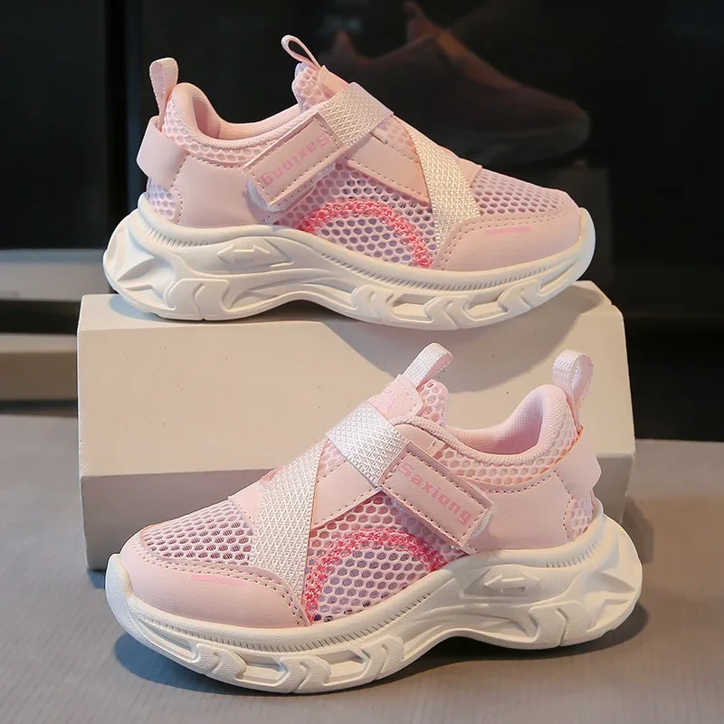 Kids Running Shoes Mesh Breathable Children Sports Shoes Hook&loop Comfortable 2025 New Students Basketball Shoes Soft Sole