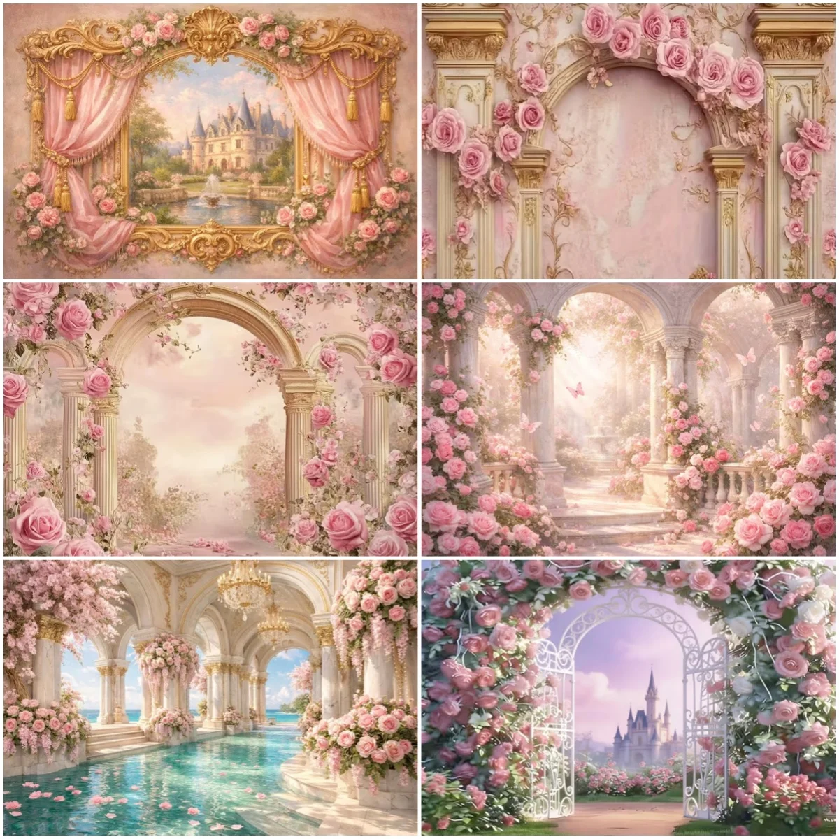 

Arched Wall Roses Theme Background Spring Flowers And Plant Butterflies Backdrop Romantic Wedding Portrait Photography Supplies