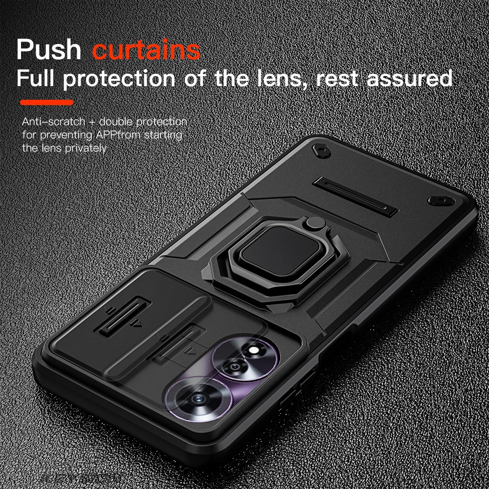 KEYSION Shockproof Armor Case for OPPO A60 4G Slide Push Pull Camera Lens Protection Ring Stand Phone Back Cover for OPPO A60