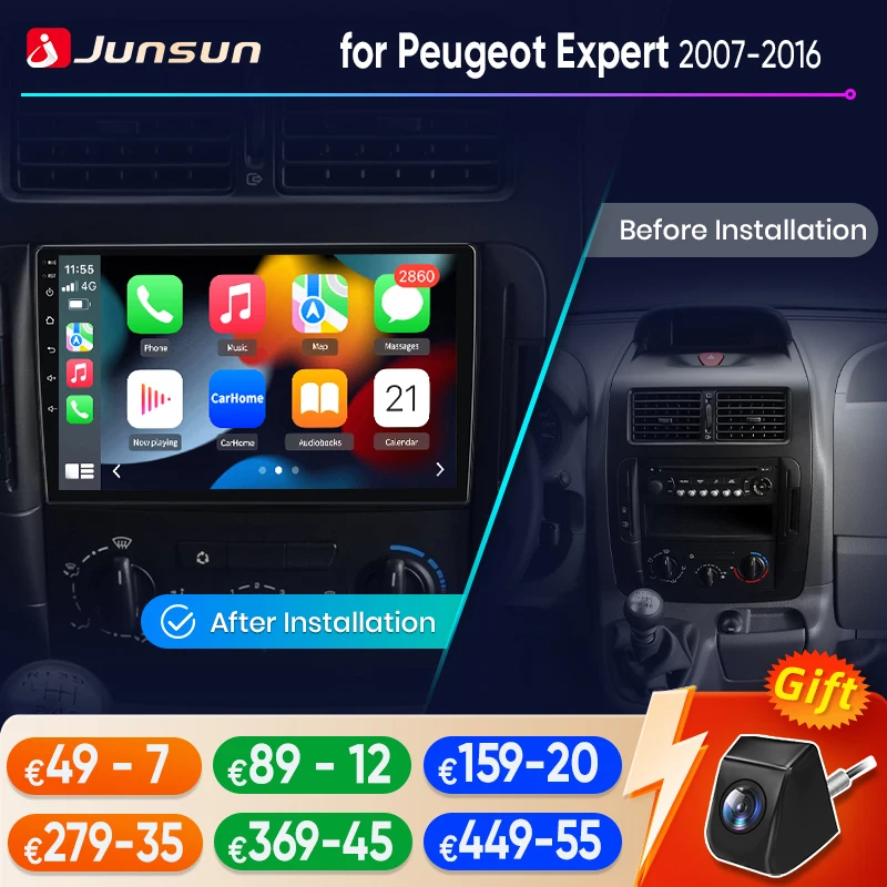 Junsun Android Auto Car Radio For Peugeot Expert 2007 2008 2009-2016 Multimedia Wireless CarPlay SWC GPS Navi RDS DSP FM
