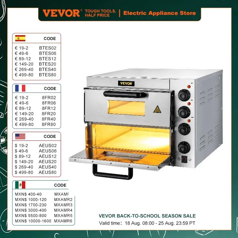 VEVOR-Four à Pizza Professionnel à Double Étage de 14 Pouces, 110/220V, 1950/3000W, Machine Polyvalente pour la Cuisson à Domicile et au Restaurant