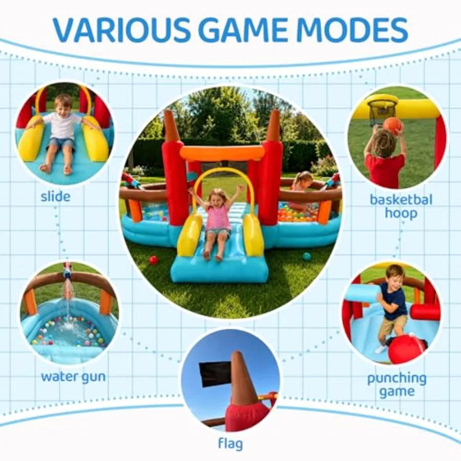 Indoor/Outdoor Pirate Ship Inflatable Bounce House with Slide, PVC Material, Blue and Red, Easy Setup Dual-Use Water/Dry Play