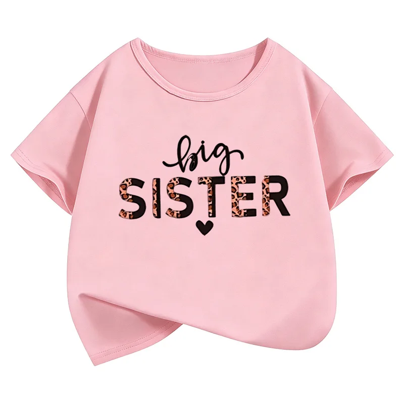 Fashion Big Sister Leopard Print T Shirts Short Sleeve Kids Children's T-shirt Girls Summer Spring Casual Top Tee Shirt