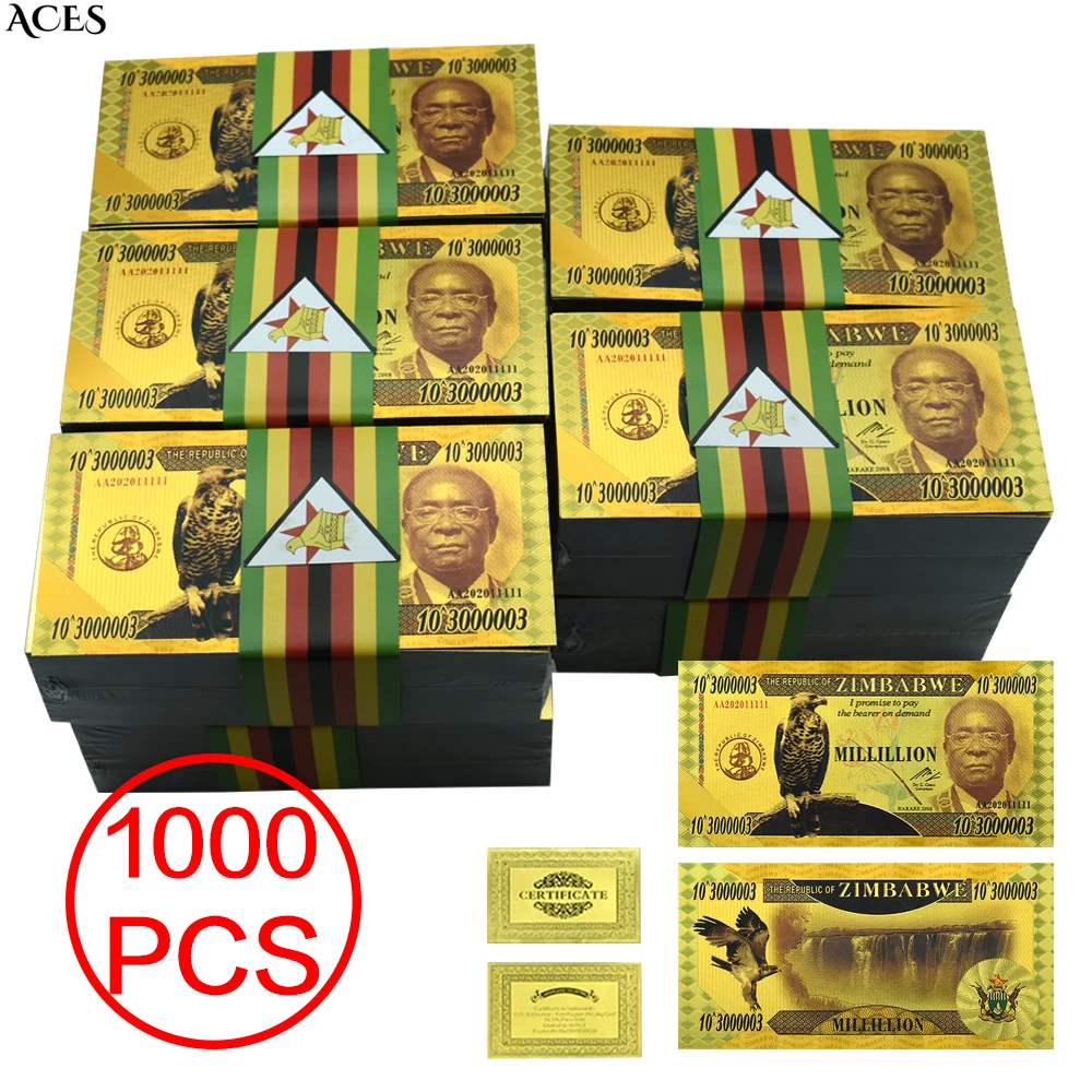 1000pcs Zimbabwe Gold Foil Banknotes Millillion Dollars Uncurrency 3000003zeros Republic of Zimbabwe with Paper Strip Seal