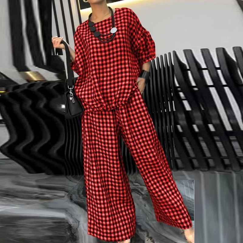 Spring Half Sleeve Sets for Women 2 Pieces O-neck Back Drawstring Top Pullover Wide-leg Pants Suit Fall Houndstooth Print Outfit