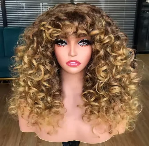 Black Curly Wigs With Bangs Long Curly Afro Wig for Women Synthetic Hair for Daily Party Cosplay Costume