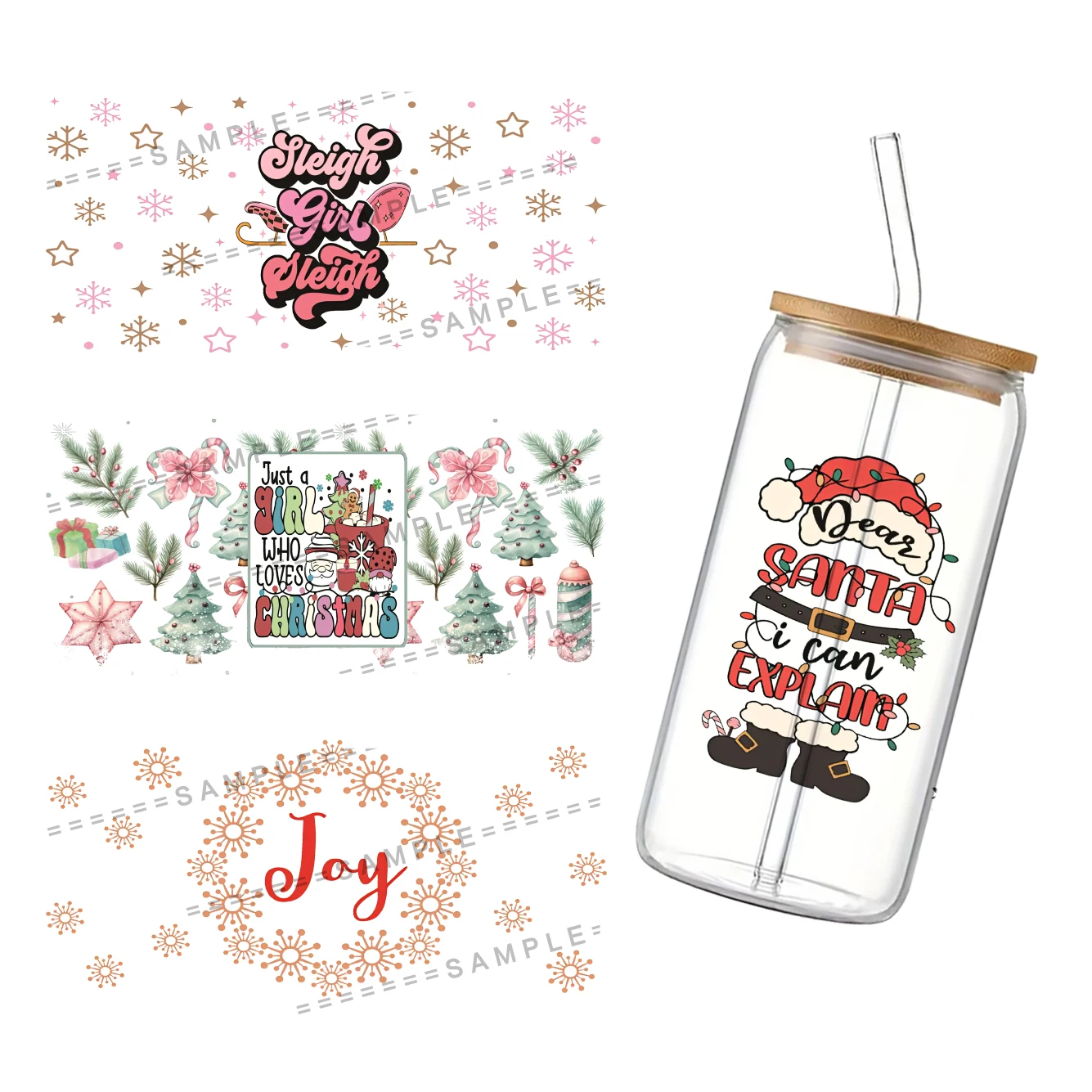 Santa Claus UV DTF Cup Wrap for 16Oz Libbey Glass Can DIY Transfer Sticker Christmas