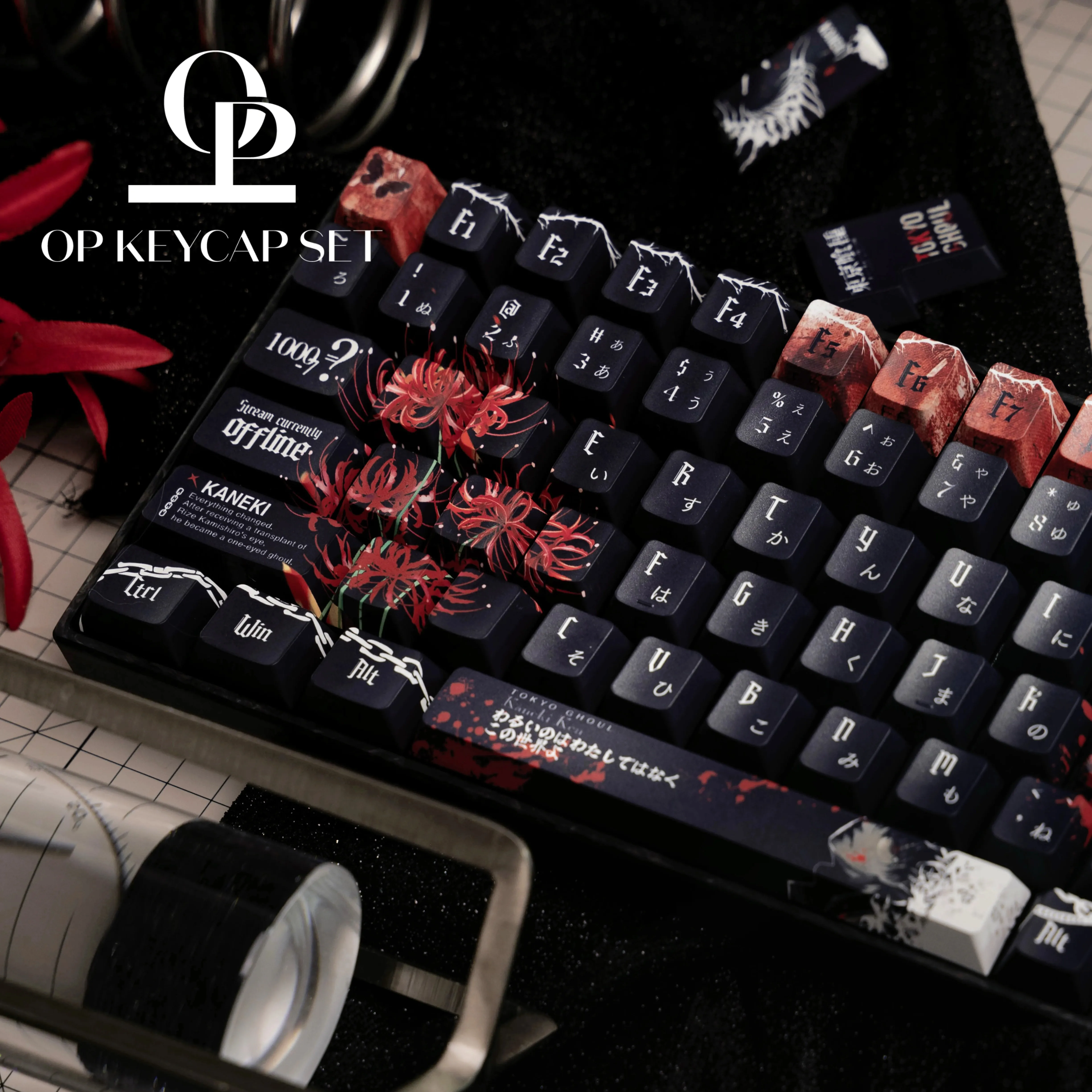 Kaneki Ken Anime Theme Keycaps Set PBT Translucent Cherry Profile Custom Original Handmade Keycaps for Mechanical Keyboard DIY