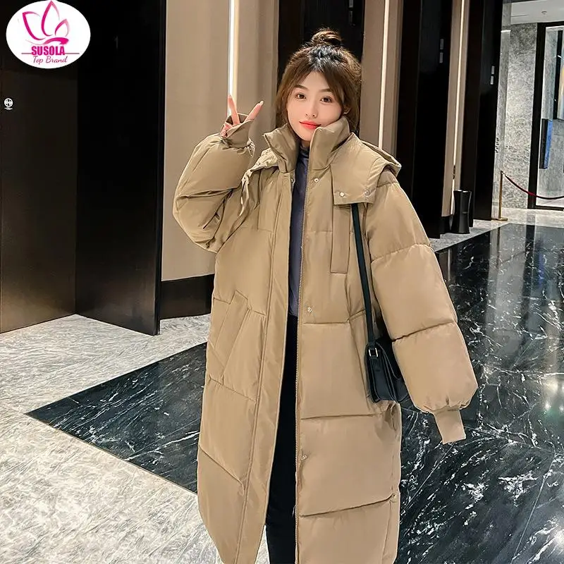 SUSOLA Winter Cotton Coat Mid-Length Over-The-Knee Down Jacket Women Korean Loose Fit Thickened Hooded Cotton-Padded Jacket