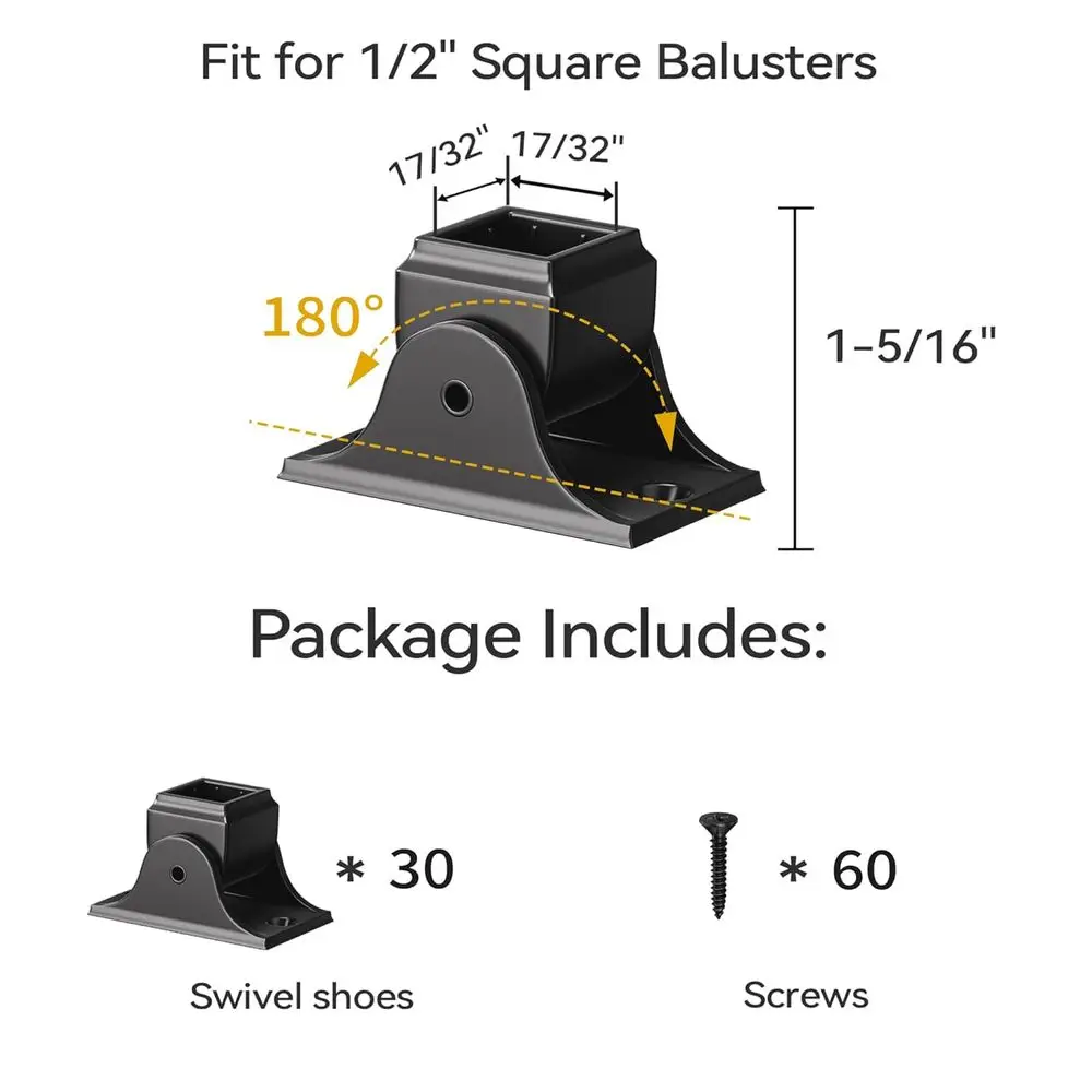 حذاء بحزام دوار أسود من الساتان لدرابزين سلالم حديدية مربعة 1/2، 30 عبوة