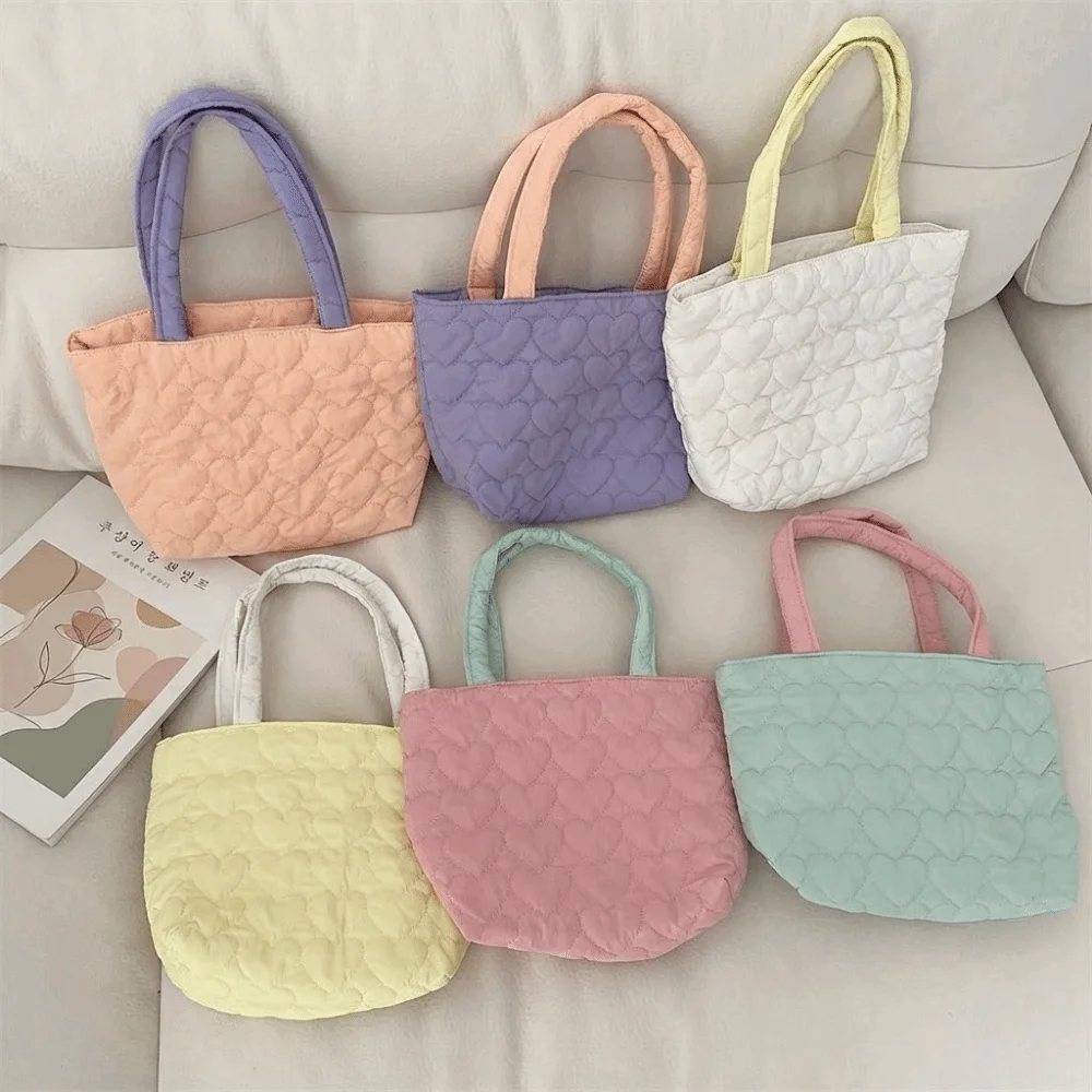 New Large Capacity Quilted Handbag Heart Shape Cotton Shoulder Bag Multifunctional Reusable Shopping Bag Office Worker