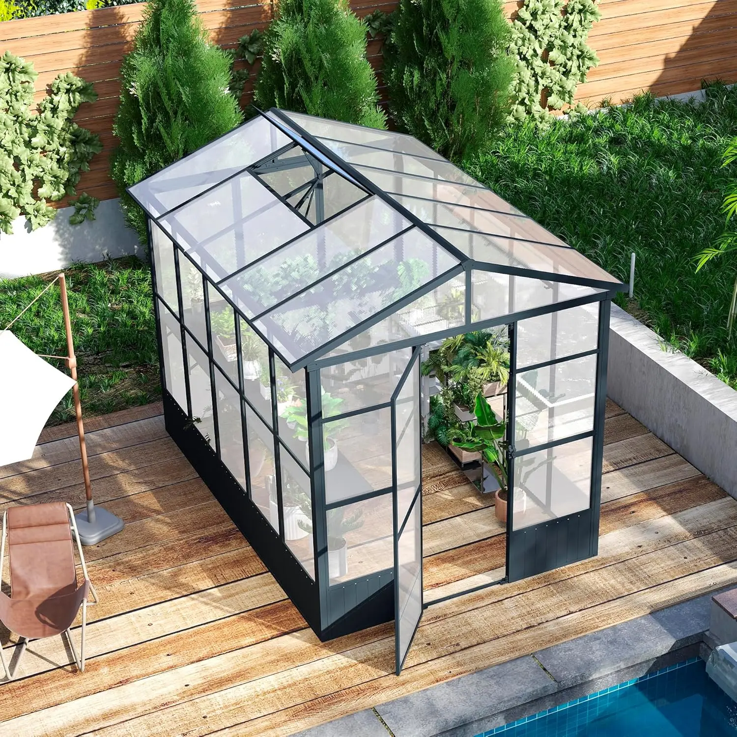 دفيئة من البولي كربونات مقاس 8 × 10 أقدام مع فتحة تهوية أوتوماتيكية، إطار ألومنيوم طويل جدًا بطول 8 أقدام، منزل أخضر مقاوم للطقس مع