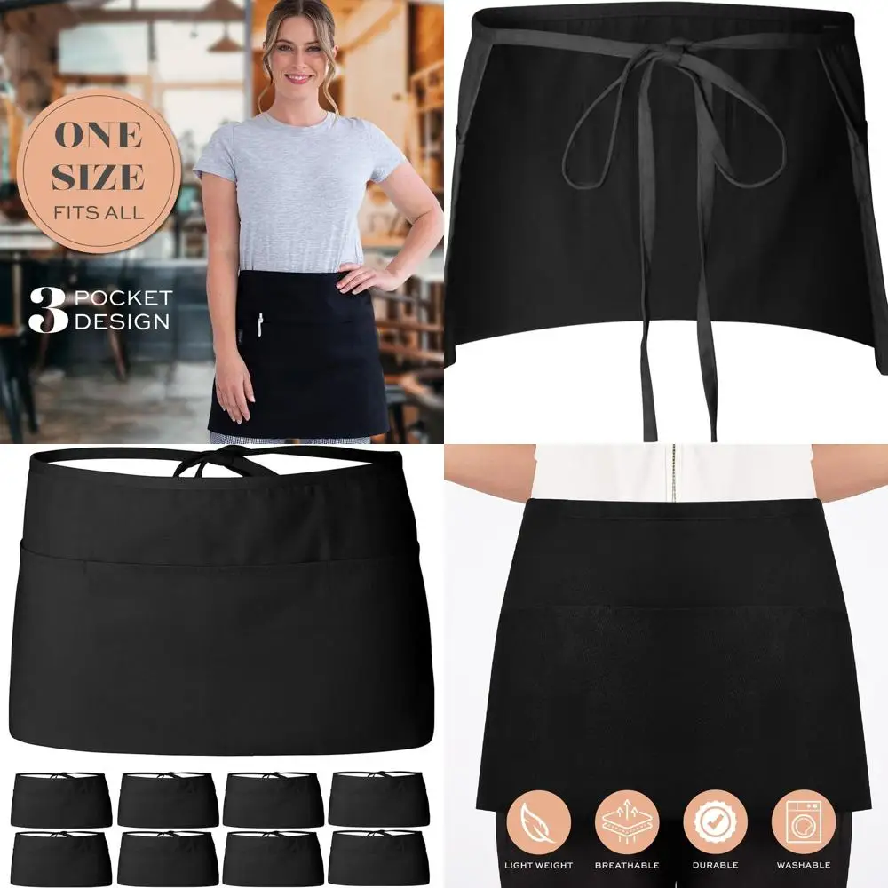 

Black Waist Aprons for Servers - 12 Pack, 3 Pocket Half Aprons for Waitstaff
