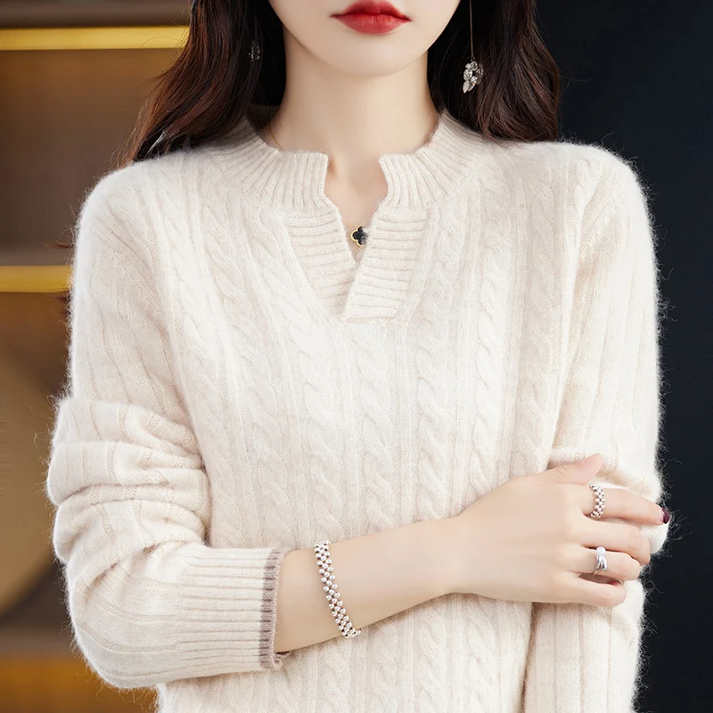 Mink cashmere sweater half open neck sweater for women Outer wear base shirt autumn and winter 2023 pullover knitted twisted top