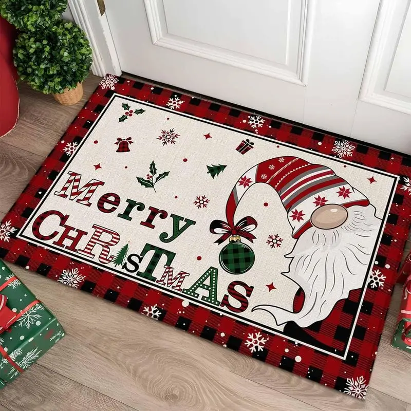 VIKAMA Christmas Crystal Velvet Door Mat Gnome Buffalo Plaid Merry Christmas Print Non Slip Mat For Front Door Porch Decor