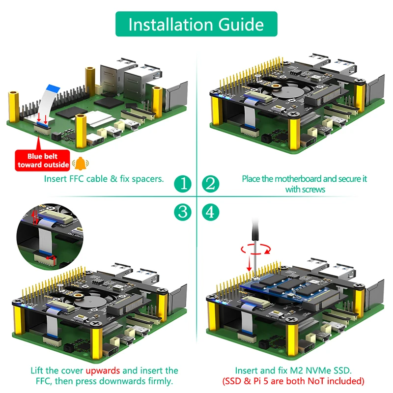 NEW M.2 NVME to PCIe Adapter Supports M2 2230 2242 M Key NVME SSD with Cooler Fan Automatic Discoloration LED for Raspberry Pi 5