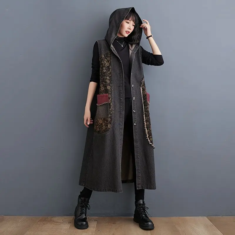 

2024 Spring/Summer New Women's Hooded Denim Dress Loose Spliced Sleeveless Oversize A-line Skirt