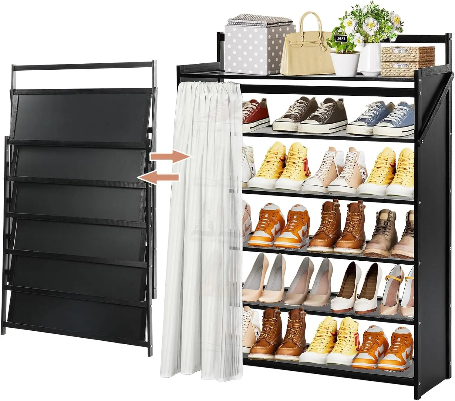 

6-уровневая складная деревянная полка для обуви с занавеской для конфиденциальности — прочное хранилище для обуви для небольших помещений