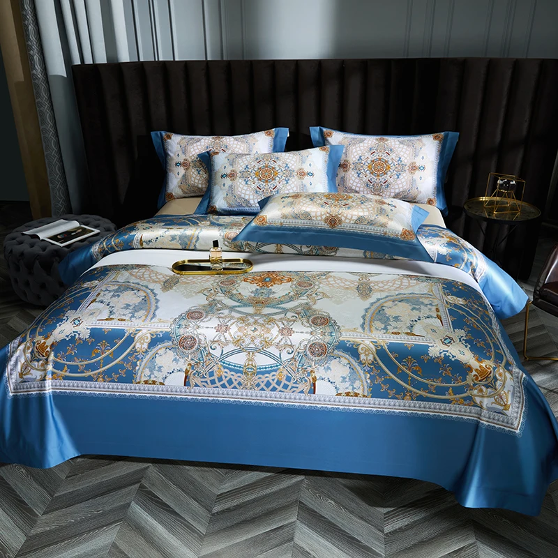 Blue Egyptian Cotton Bedding Sets Luxury Retro Style Digital Printing Quilt/Duvet Cover Set Bed Sheet Pillowcases Home Textile