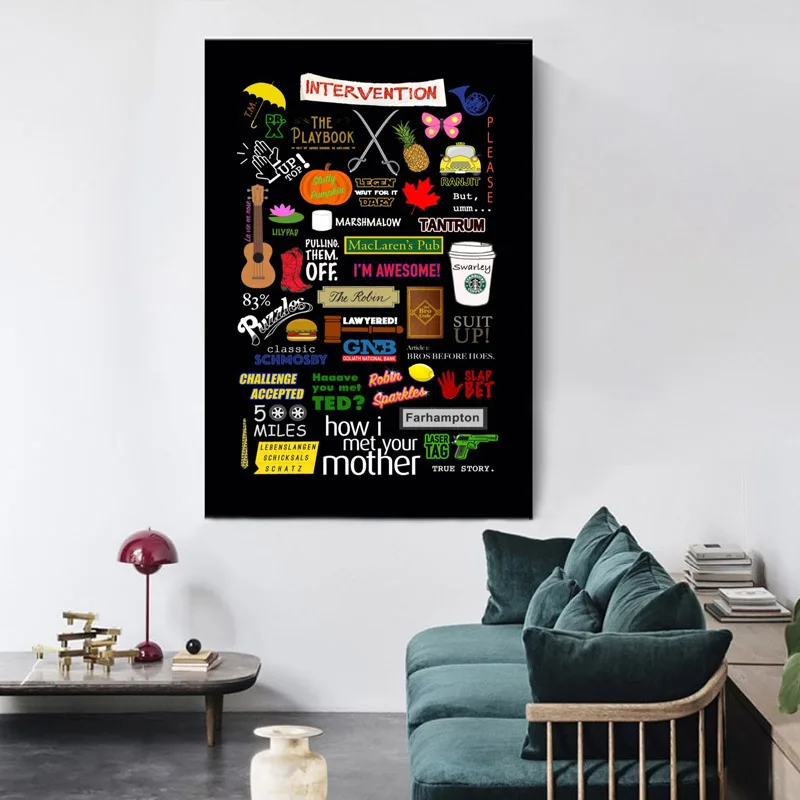 كيف قابلت والدتك ملصق جدار لغرفة المعيشة ملصق فني الديكور نسيج الساتان الألوان الزاهية لا الإطار موردن طباعة الجدار