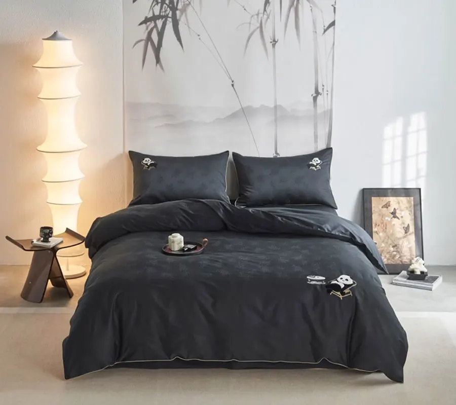 Fashion jacquard panda bamboo bed set single double,twin full queen king cotton home textile bed sheet pillow case quilt cover