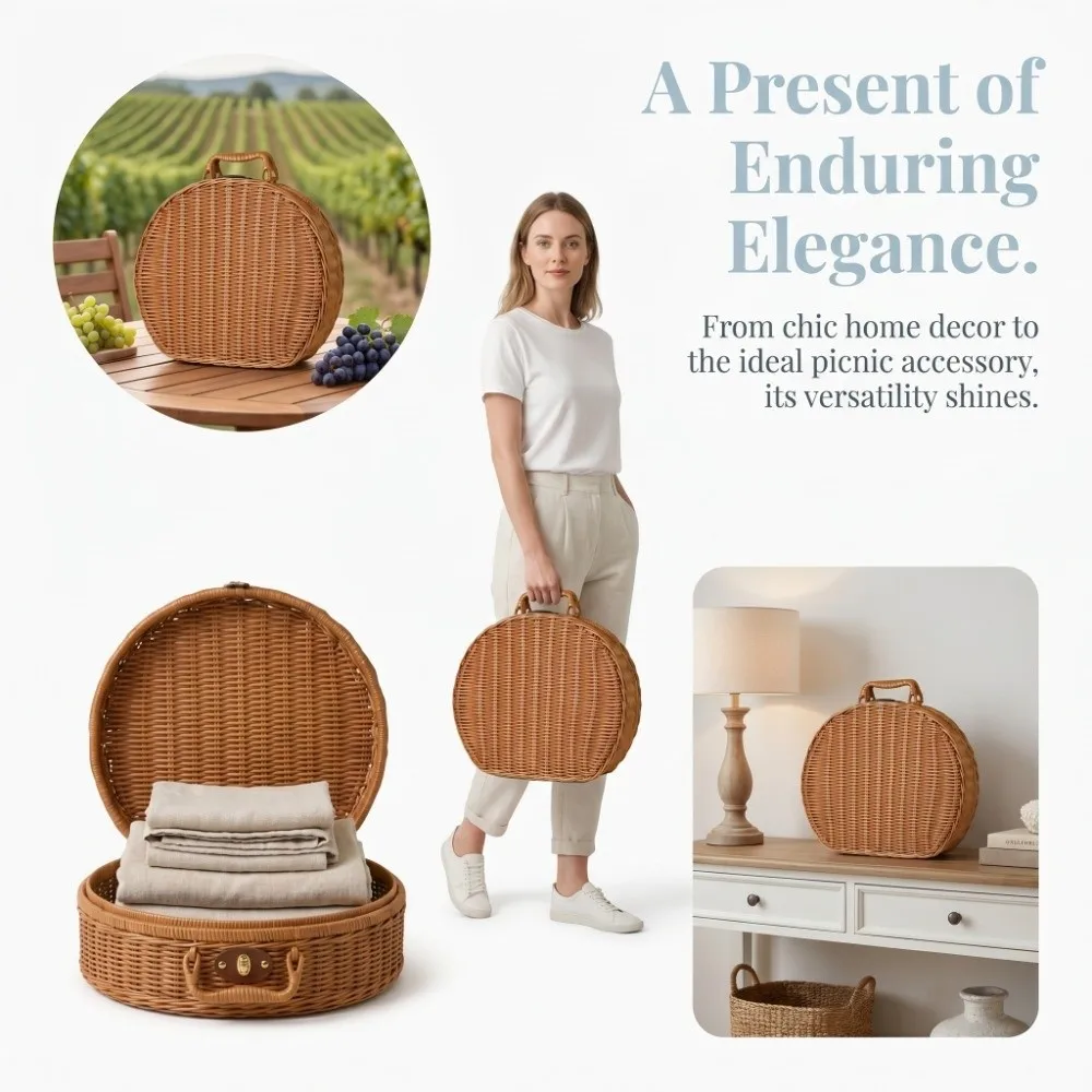 Round Shape Woven Storage Box Retro Style Rattan Woven Souvenir Container Imitation Rattan Portable Rattan Handheld Box
