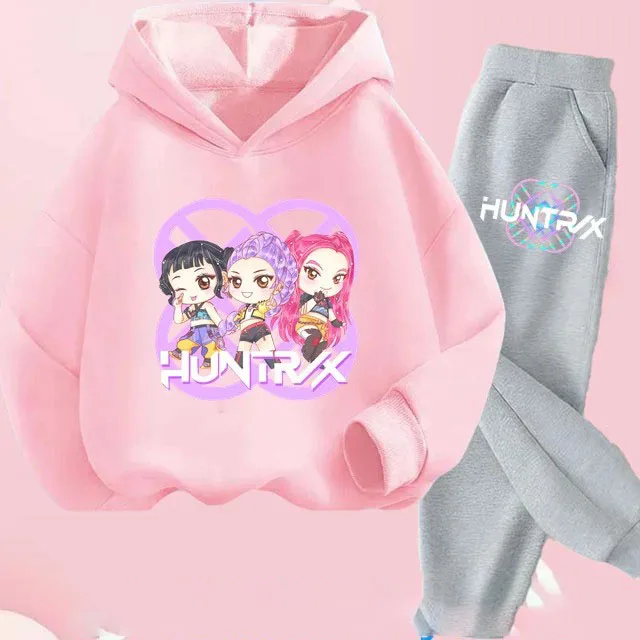

Q-version Anime Children's Set Pink Grey Hoodie+Leg Tights Girls' Spring and Autumn Casual Children's Clothing