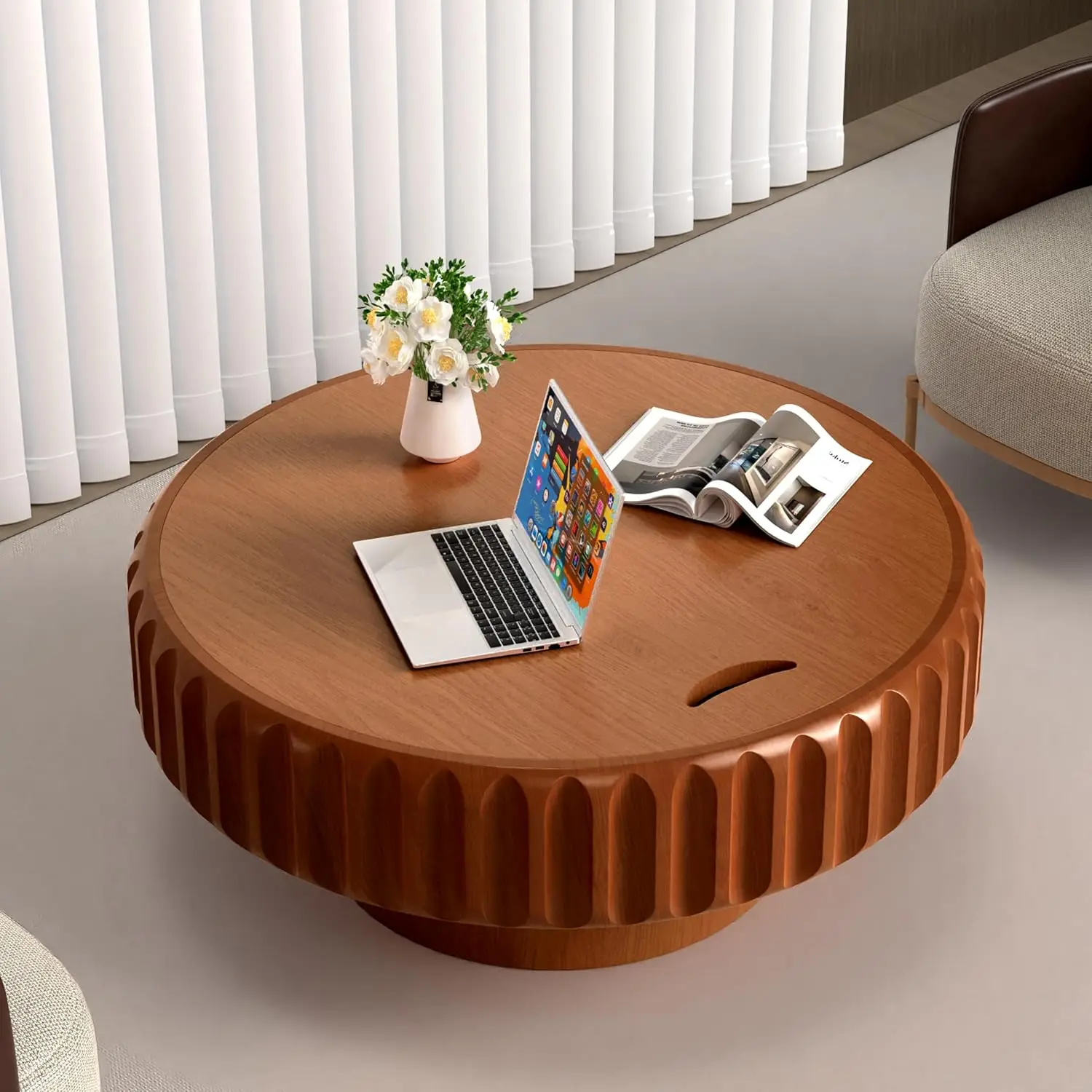 

31.5" Round Drum Coffee Table with Storage Rustic Chic Fluted Center Table - Handcraft Solid Wood Veneer Edge for Living Room Fa