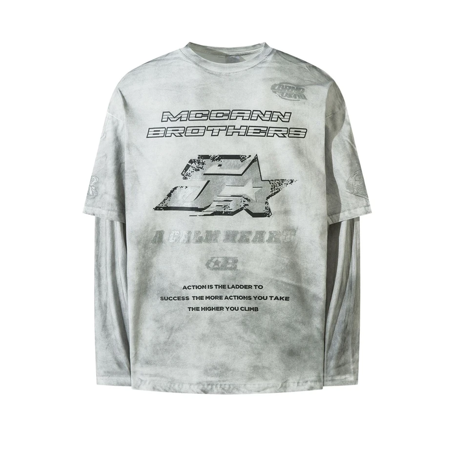 

Hip Hop Print T-Shirt Men Retro Dirty Washed Long Sleeve T Shirt Streetwear Harajuku Fake Two Pieces Loose Casual Tees Tops Male