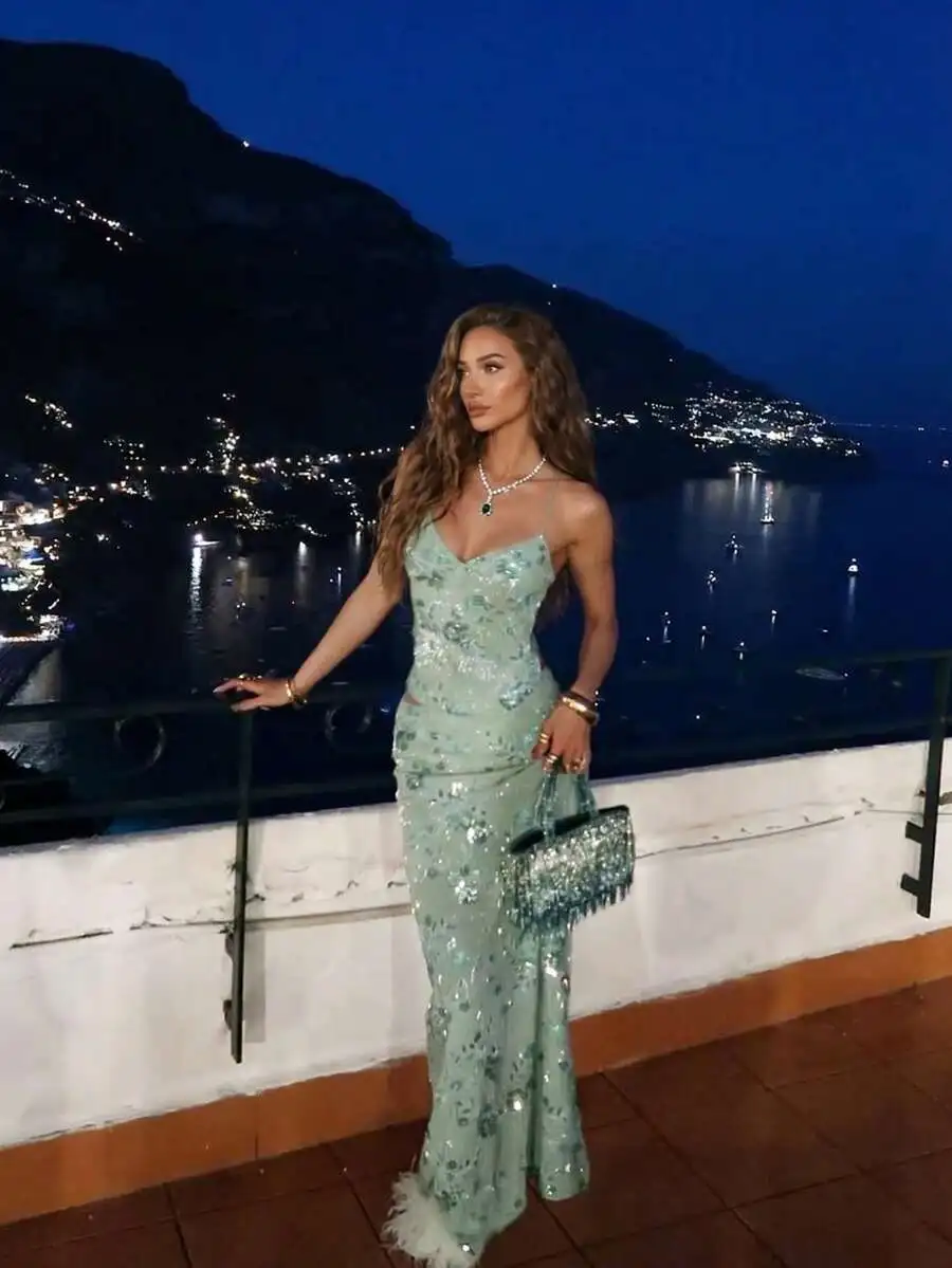 2pcs/Set Elegant Sexy Romantic Charm Backless Tie Camisole Top And Sequin Skirt Set, Glitter Top, Elegant Dress For Women Summer