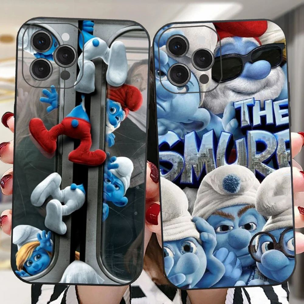 Cartoon The S-Smurfs Anime Movie Phone Case For IPhone 16 15 14 13 Pro Max 11 12 Mini X Xs XR Se 2022 Black Silicone Cover