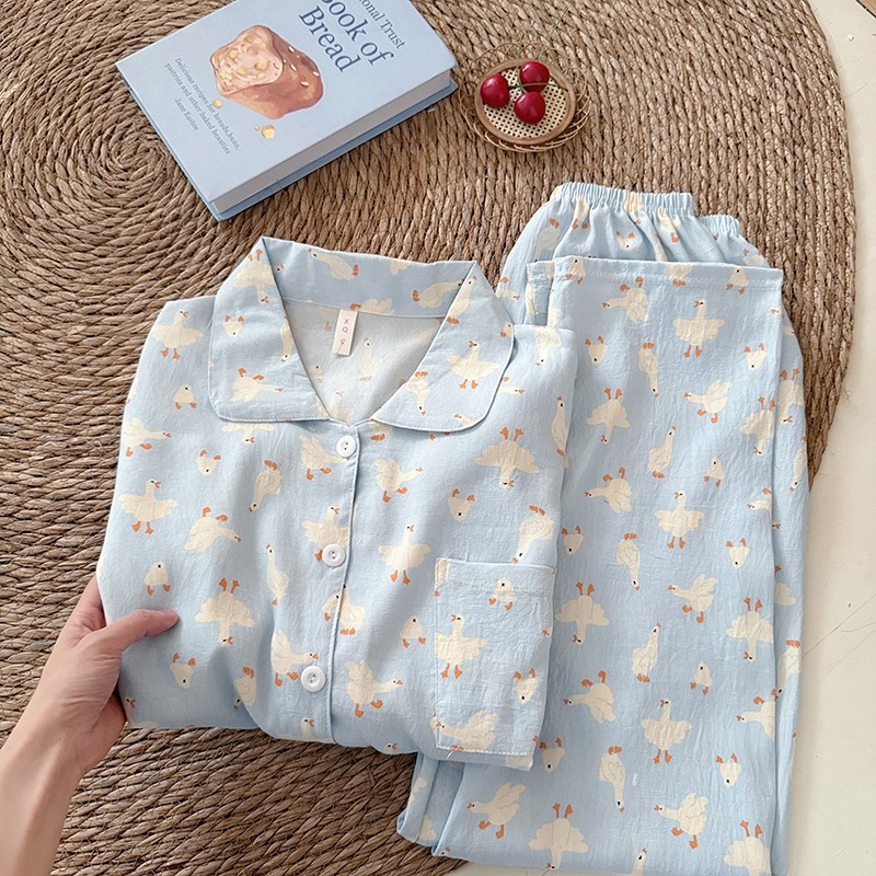  Sweet Cute Goose Print Korean Fashion Women's Pajamas Nightwear Kawaii Casual Lapel Neck Y2K Pajamas Set Autumn New Loungewear 