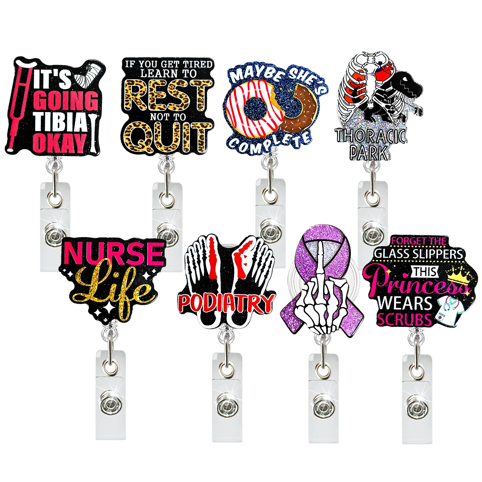 

Acrylic Glitter Badge Reel Clip Doctor Nurse Retractable ID Badge Holder With 360 Rotating Alligator Clip Credential Holder