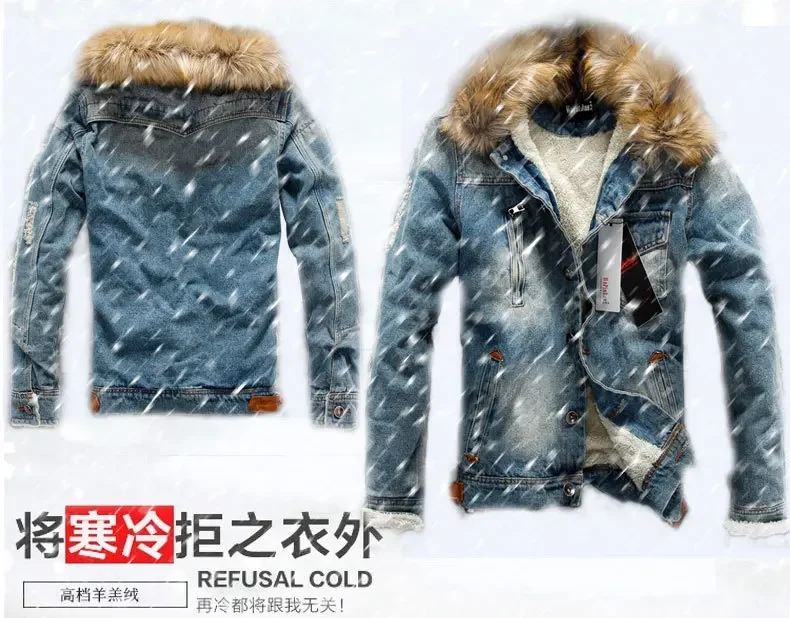 Winter Mens Denim Jacket with Fur Collar Retro Ripped Fleece Jeans Jacket and Coat for Autumn Winter S-6XL Winter Jacket Men