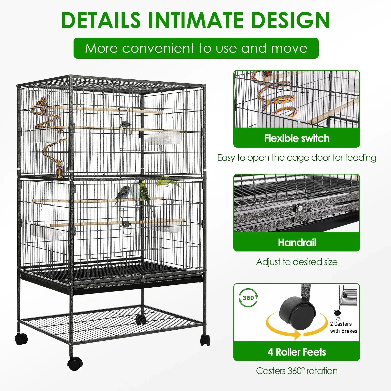 Large Rolling Bird Cage Bird Aviary with 4 Perches and 4 Feeders, Dirt Container, Metal Black for Cockatiels, Parrots, Pigeons