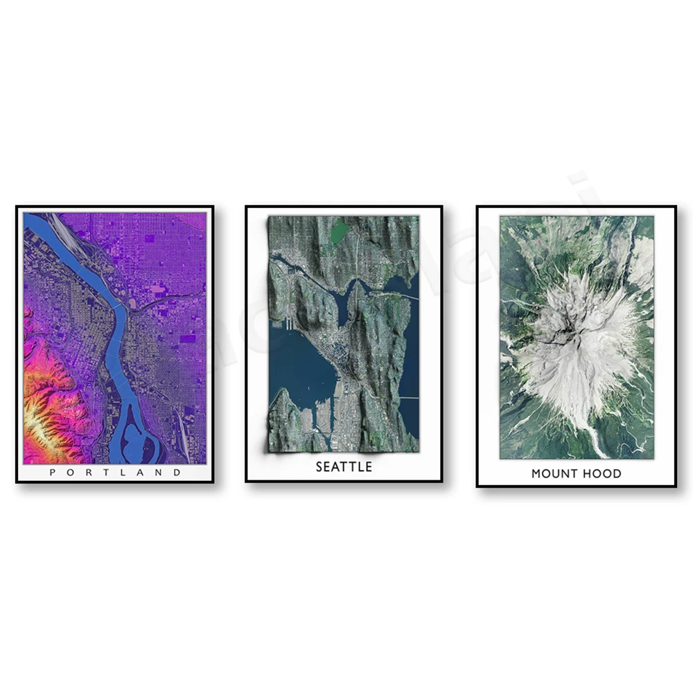 Seattle Poster, Mount Hood Oregon, Bend Oregon Aerial Map, Portland Map, Portland Oregon Artistic Abstract Map Poster Print