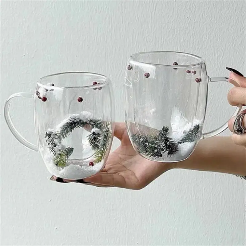 Creative Double Wall Glass Cups Transparent Christmas Coffee Mug with Handle Snow Home Heat Resistant Gift Tea Milk Water Cup