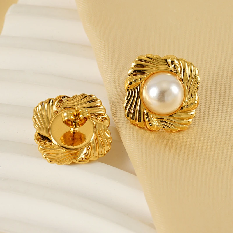 أقراط نسائية من الفولاذ المقاوم للصدأ 316L ، مجوهرات راقية ، طراز فرنسي قديم ، لؤلؤ قوس ، شكل مربع ، موضة جديدة ،