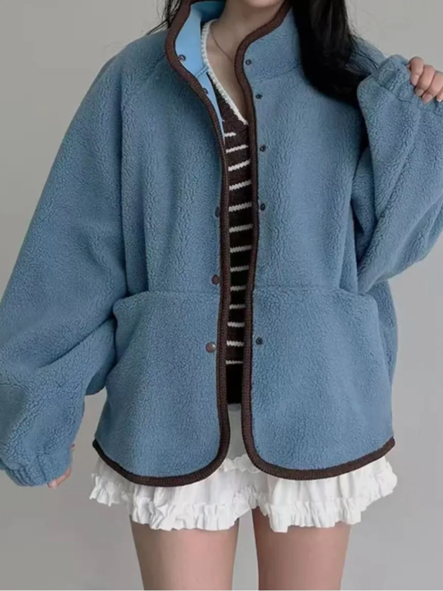 

Retro Style Thickened Long Sleeve Stand Collar Lamb Fur Cotton Jacket Women's Loose Outerwear Chic Winter Coat Button Detail