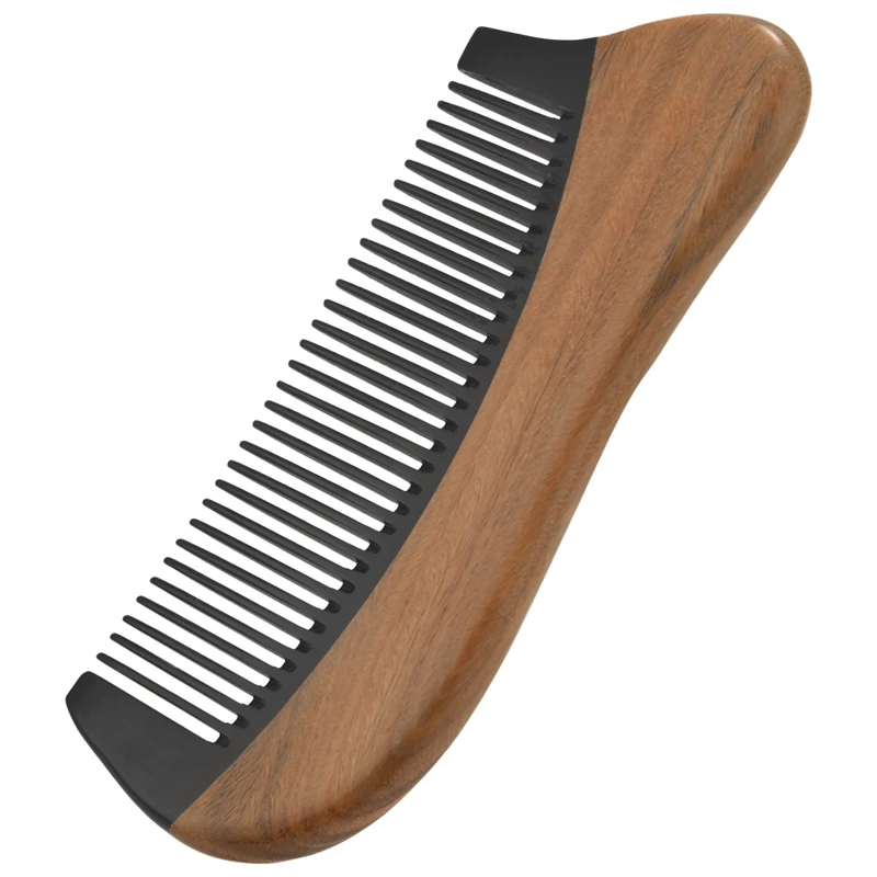 Natural Green Sandalwood Hair Comb - No Static Wooden Fine Tooth Black Buffalo Horn Comb (Green Sandalwood)