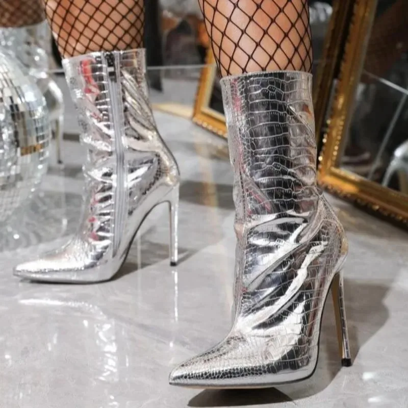 Damskie seksowne szpiczaste noski buty na cienkich wysokich obcasach botki damskie 2023 New Fashion Metal boczny zamek błyskawiczny Mid-buty ze