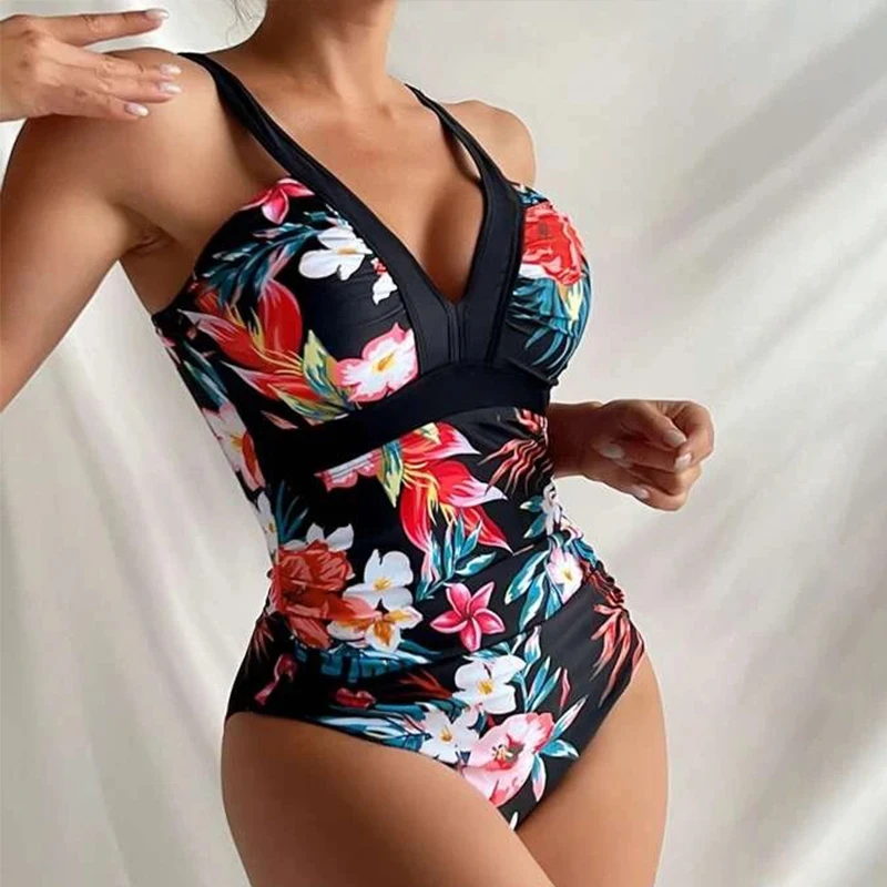 Deep V Sexy Strappy Swimsuit One Piece Printed Floral Swimwear Bathers Bathing Padded Beachwear Summer Women's Bikinis 2025