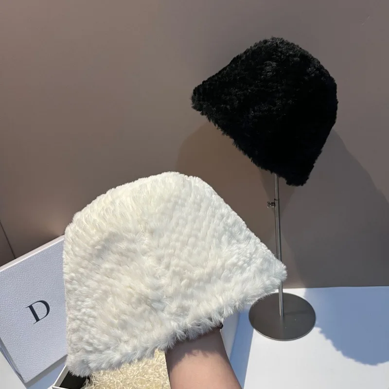 

Faux Rabbit Fur Bucket Hat Women Korean Style Winter Warm Face Slimming Adjustable Wide Brim Unisex Fashion Free Shipping​​