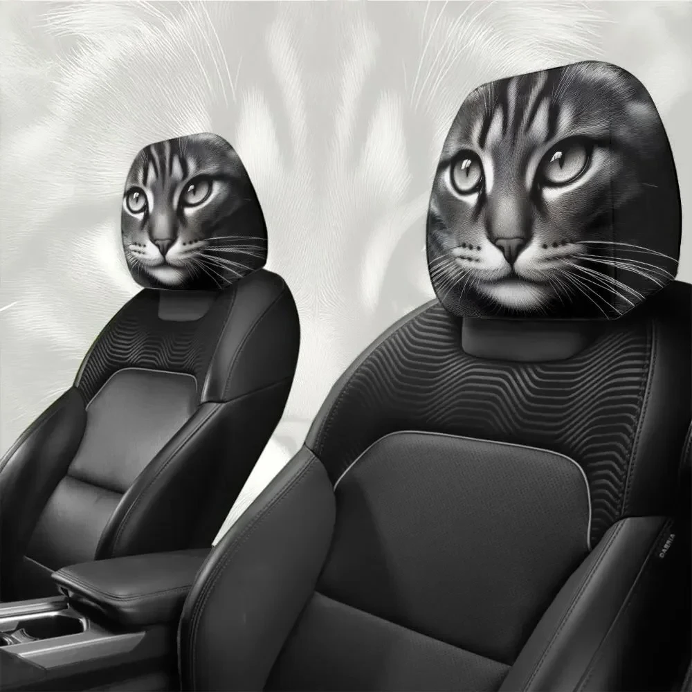 2pcs Breathable Skin-Friendly Car Headrest Covers Raccoon Cat Pattern Pet Lovers Festival Gifts
